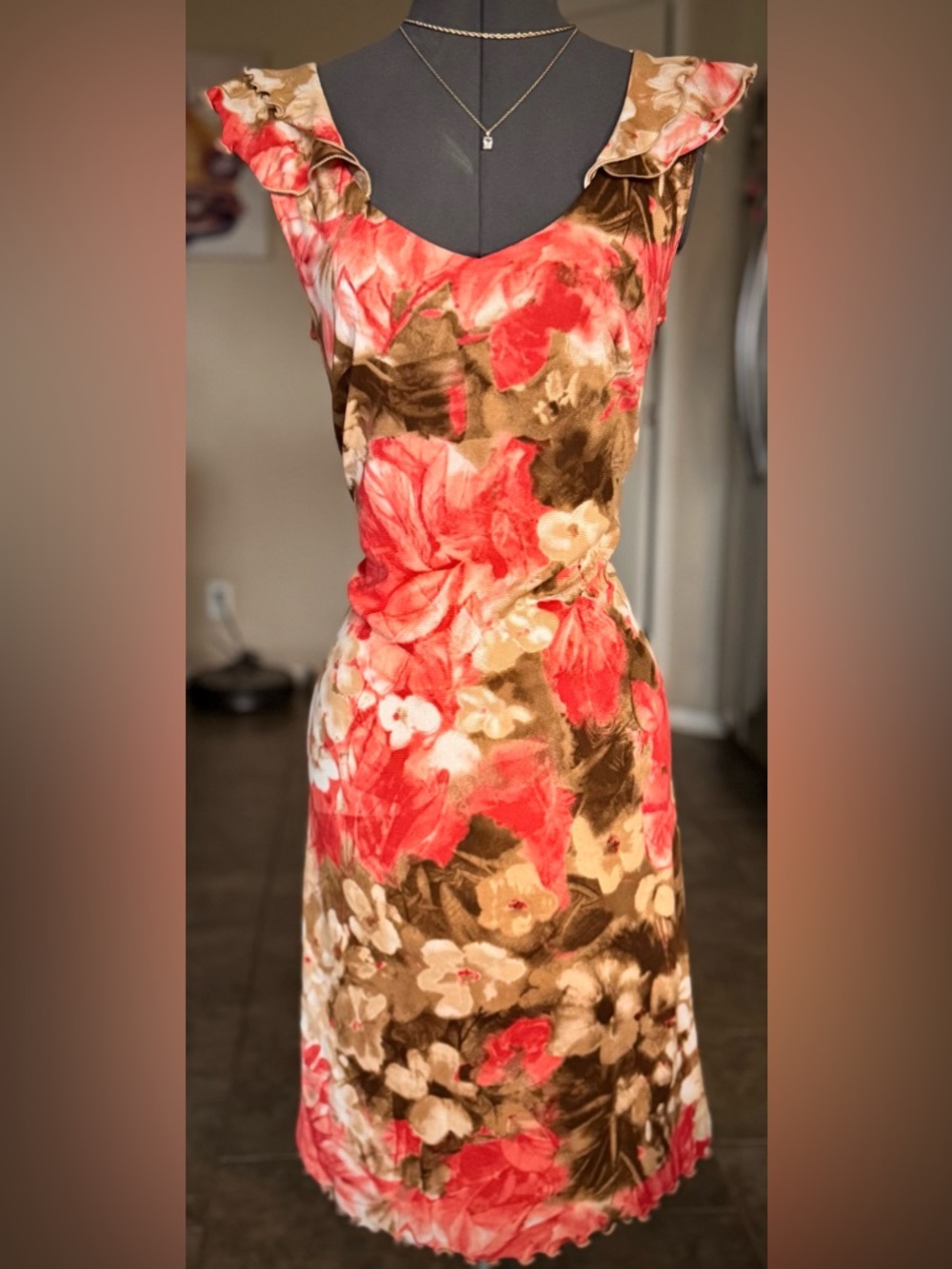 Vintage Y2K Floral Midi Dress Moa Moa M Pink Tan Brown